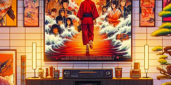 Cozy living room featuring a TV with Japanese adult film posters, plush sofa, and DVDs scattered on a coffee table.