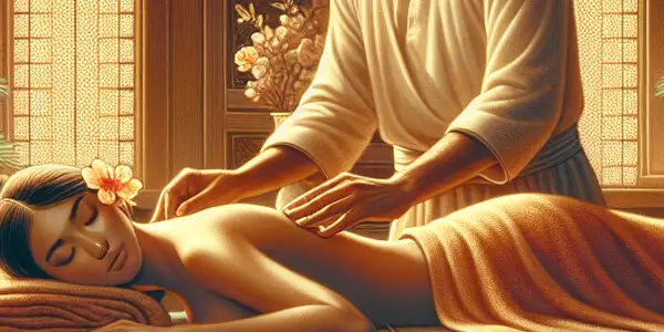 A tranquil massage room featuring a skilled masseur, a relaxed model, essential oils, and soothing candlelight.