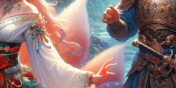 A seductive fox spirit encounters a heroic warrior in a vibrant, mythical landscape.