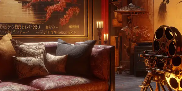 A cozy room with warm colors, vintage film equipment, and a Japanese movie poster, inviting exploration of adult cinema.
