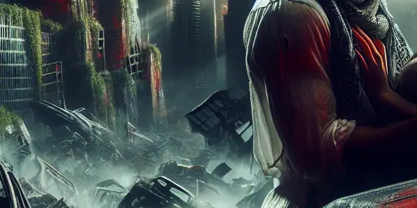 A couple shares an intimate moment in a post-apocalyptic landscape filled with urban ruins and overgrown vegetation.