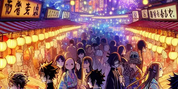 A bustling Japanese street market at twilight, filled with anime-inspired characters enjoying food and merchandise.