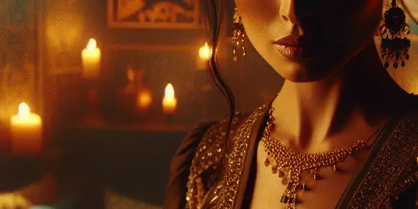 A seductive woman in elegant lingerie creates tension in a dimly lit, luxurious bedroom.