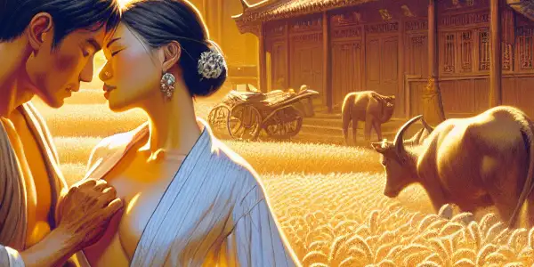 A couple shares an intimate moment in a warm, golden-lit Northwest Chinese rural village surrounded by traditional architecture and fields.