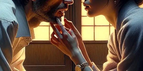 A dramatic moment between a male and female character in an intimate Japanese setting, reflecting tension and reconciliation.