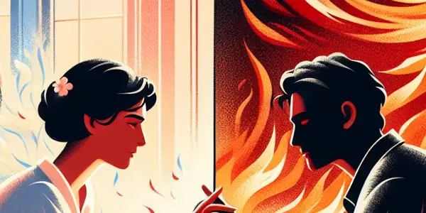 A split scene contrasting a tender romantic moment with an intense passionate encounter between couples.