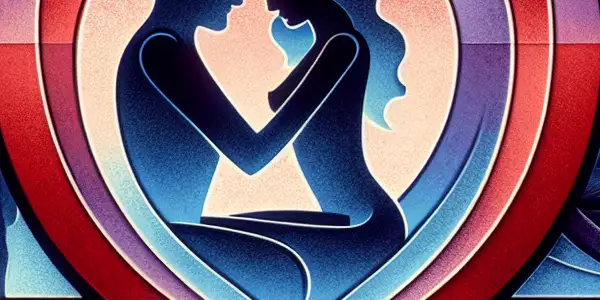 An abstract film reel symbolizing the duality of pleasure and morality in adult entertainment, featuring silhouettes and consent imagery.