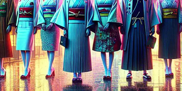 A vibrant Japanese urban scene featuring diverse characters, cherry blossoms, and neon lights, embodying romance and passion.