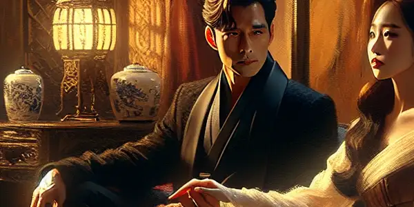 A romantic moment between a captivating couple in an elegant, dimly lit room with vintage Korean decor.