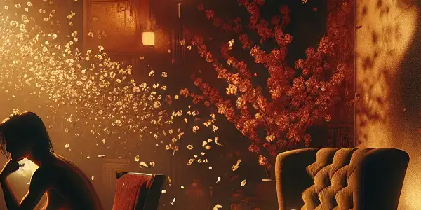 A contemplative figure in a vintage armchair, surrounded by soft colors and cherry blossoms, embodies desire and existential struggle.