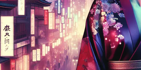A charismatic AV star in a stylish kimono stands against a vibrant Tokyo backdrop, illuminated by neon lights.