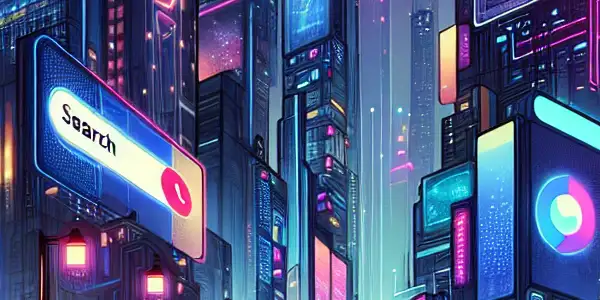 A neon-lit futuristic cityscape blending traditional Japanese elements with modern technology and digital interfaces.