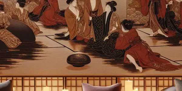 A cozy, dimly lit room featuring a large screen displaying an intimate moment from a Japanese AV film.