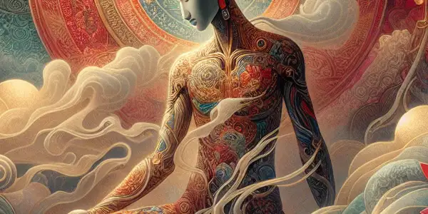 A serene figure representing Shōbōgengen, adorned with Buddhist symbols, surrounded by ethereal mist and sensual elements.