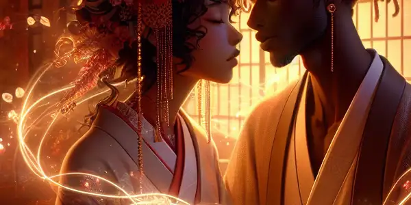 An intimate scene featuring two characters in a softly lit Japanese room, expressing deep connection and desire.