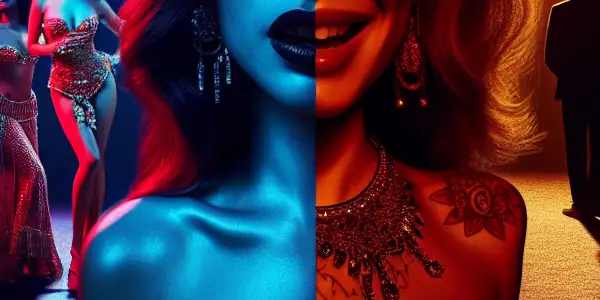 A vibrant film set contrasts with a shadowy corner depicting exploitation and distress in the Japanese adult film industry.