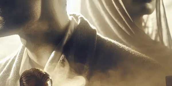 A man and woman share a tense, intimate moment in a dimly lit bathroom during World War II.