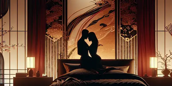 A dimly-lit romantic room featuring a couple in an intimate embrace, adorned with luxurious furnishings and subtle BDSM elements.