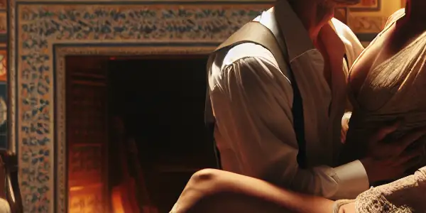 A passionate couple embraces in a luxurious, dimly lit room adorned with elegant Spanish decor.