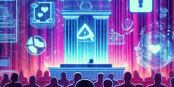 A courtroom scene blending technology and law, featuring a holographic screen of adult content icons and a judge's gavel.