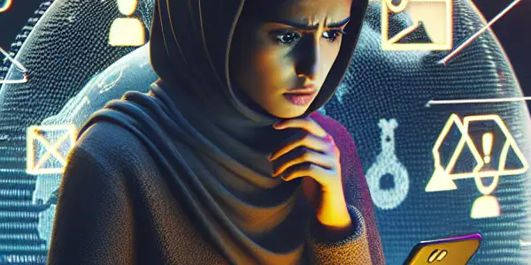 A concerned user at a desk navigates their smartphone, surrounded by warning symbols and a protective virtual shield.